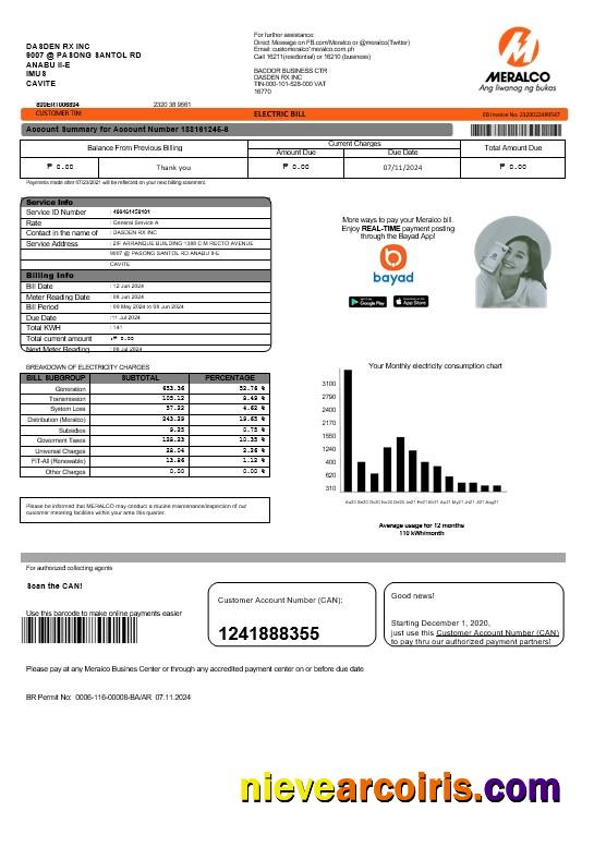 Philippines Meralco electricity business utility bill, version 2